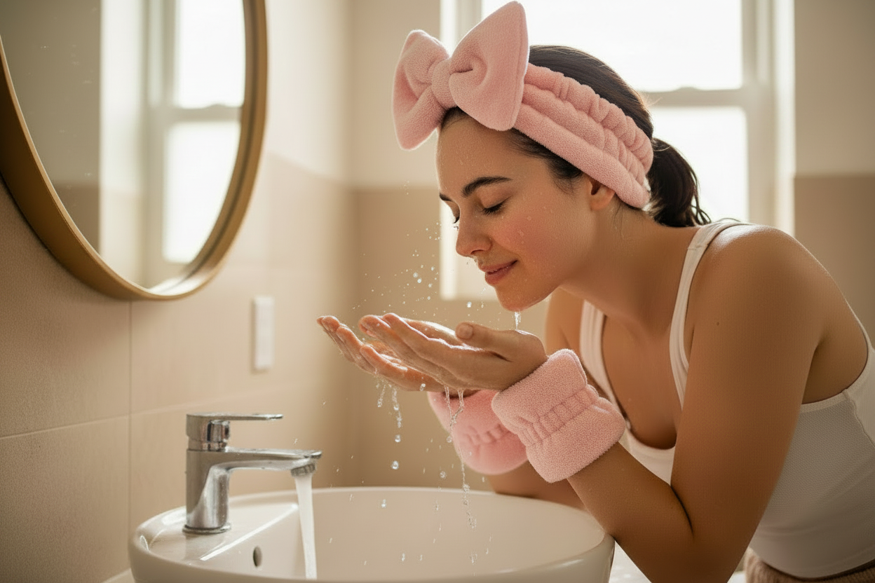 Woman splashing water with full pink headband visible