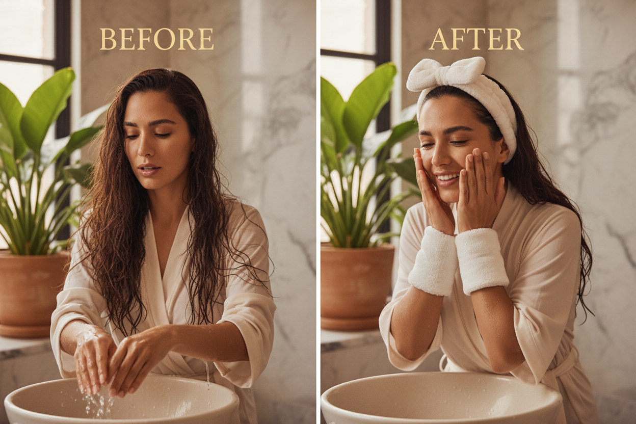 Wristband & Bow Headband Before & After - Latin Woman